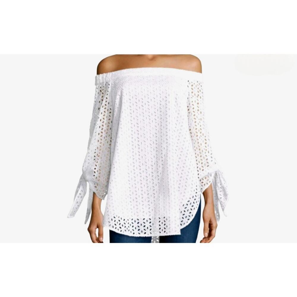 Anthropologie Tibi Eyelet Lace 3/4" Tie Sleeve Off the Shoulder Top Blouse
